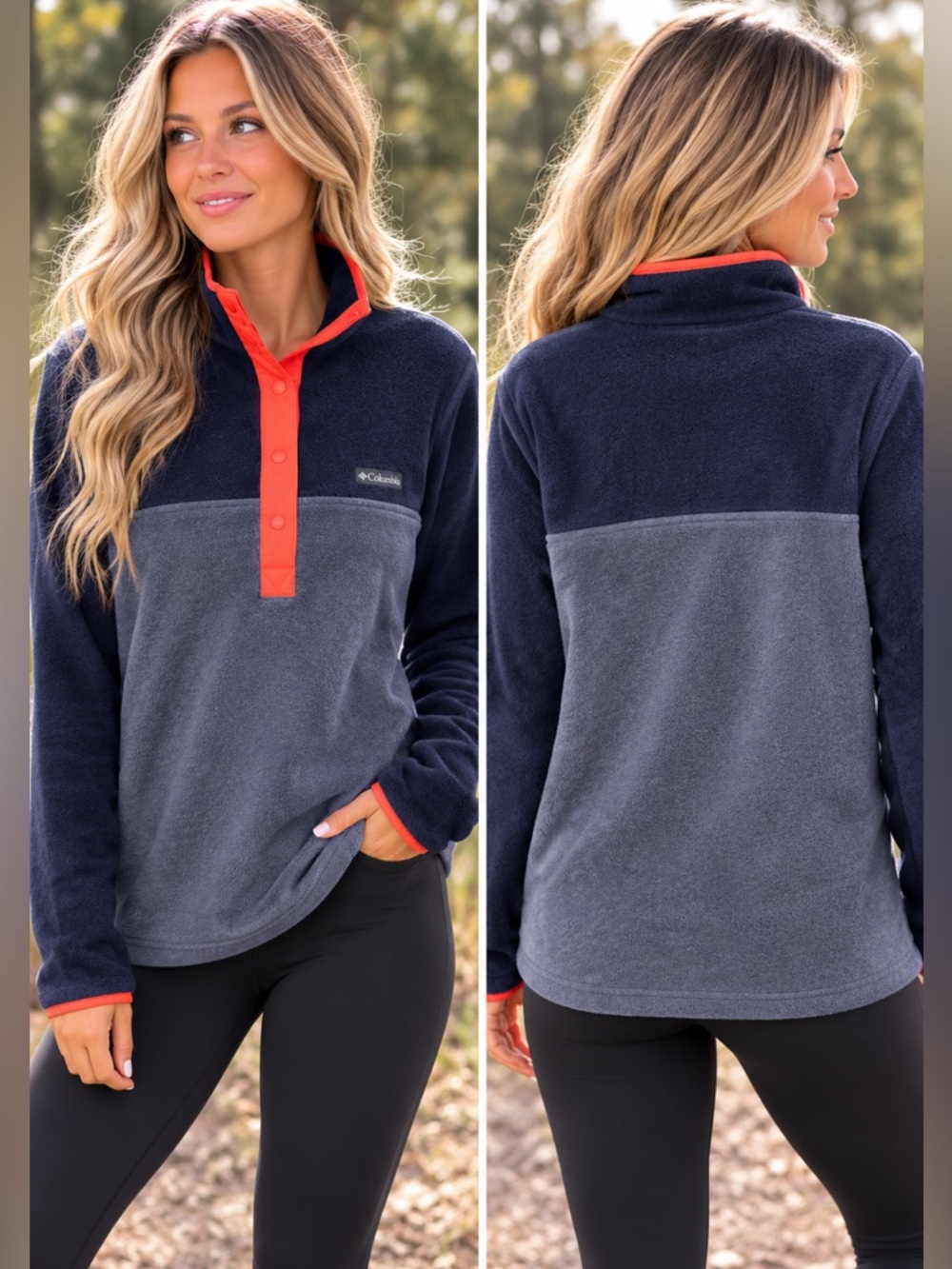 Columbia Women’s L Fleece Pullover Navy Gray Coral Half Snap Outdoor